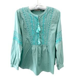 SOFT SURROUNDINGS | Teal Embroidered Cotton Boho Tassel Blouse Top | Medium